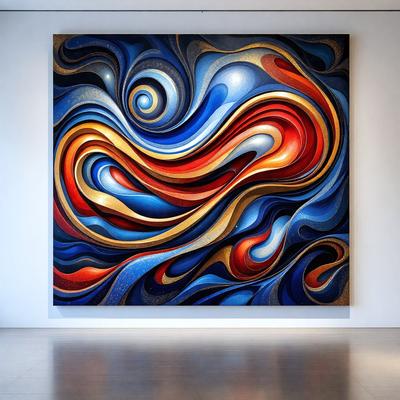 The primary subject of the image is a large, colorful painting of a swirling, abstract design. The painting is displayed on a white wall, which serves as the setting for the artwork. The visual style of the painting appears to be a mix of digital art and illustration, creating a vibrant and dynamic atmosphere. The dominant colors in the painting are red, blue, and orange, which contribute to the overall mood of the artwork.